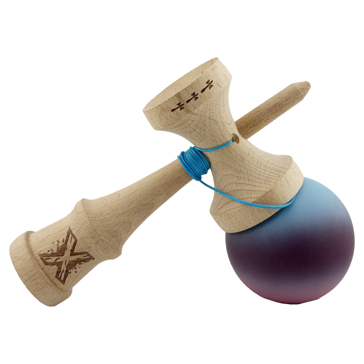 Kendama X Originala, Profesionala, Flippy, Big Cups V2, Rubber Grip cu Cupe Mari, Rulment Metalic cu Ata 55 cm,-Gradient Albastru/Mov/Roz - vivimall.ro