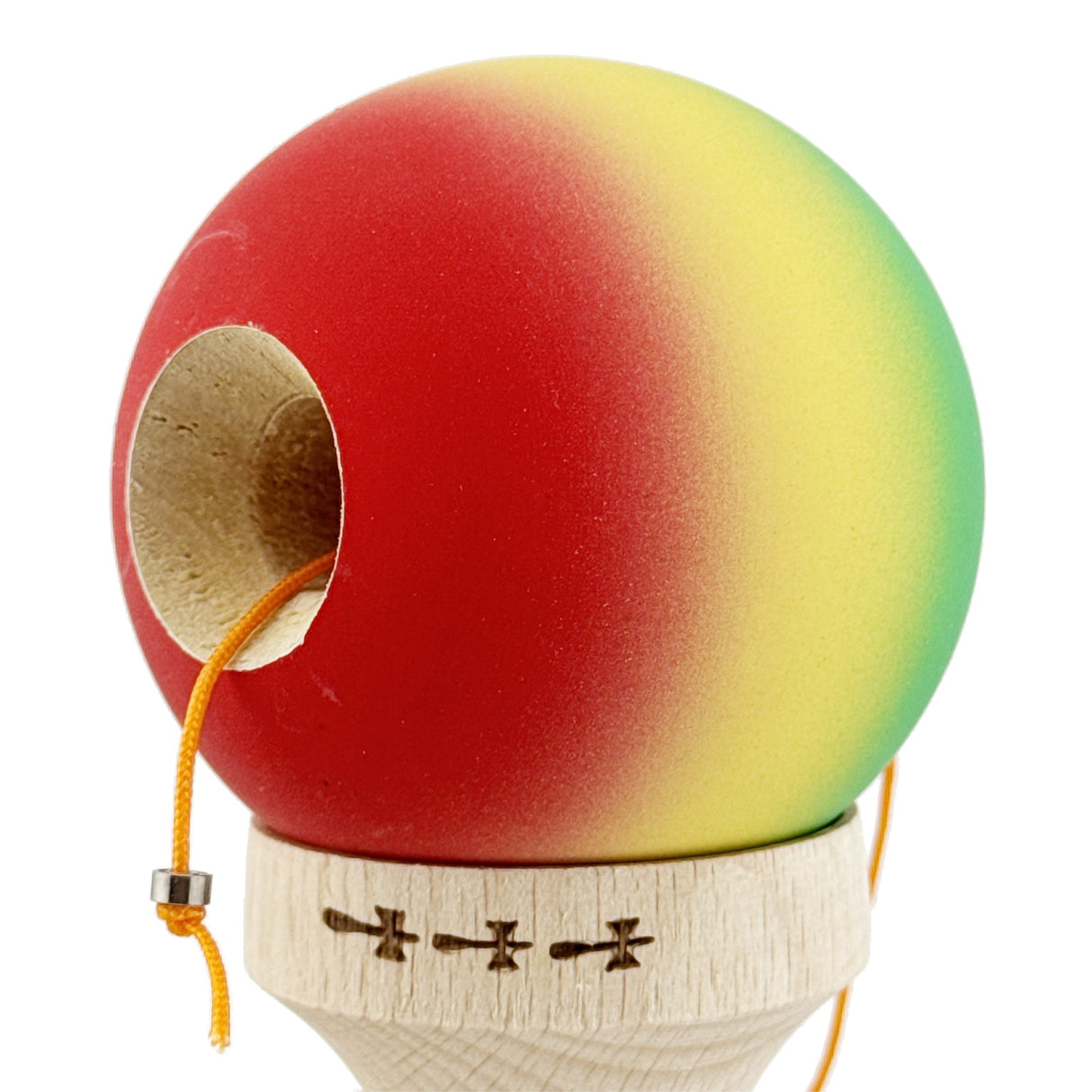 Kendama X Originala, Profesionala, Flippy, Big Cups V2, Rubber Grip cu Cupe Mari, Rulment Metalic cu Ata 55 cm, Verde/Galben/Rosu - vivimall.ro