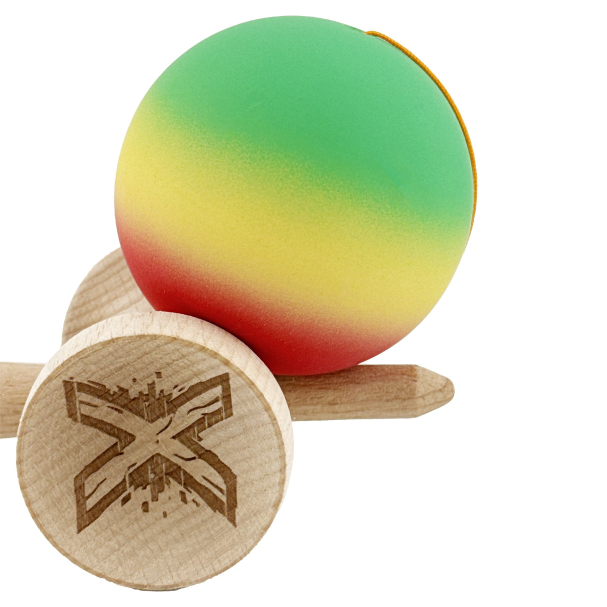 Kendama X Originala, Profesionala, Flippy, Big Cups V2, Rubber Grip cu Cupe Mari, Rulment Metalic cu Ata 55 cm, Verde/Galben/Rosu - vivimall.ro