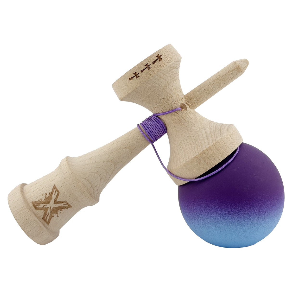 Kendama X Originala, Profesionala, Flippy, Big Cups V2, Rubber Grip cu Cupe Mari, Rulment Metalic cu Ata 55 cm, Violet/Albastru - vivimall.ro