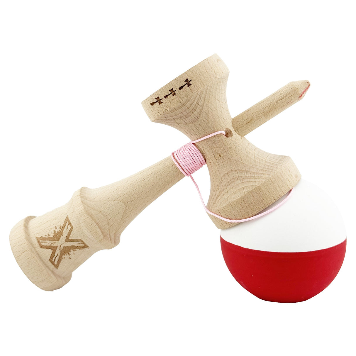 Kendama X Originala, Profesionala, Flippy, Big Cups V2, Rubber Grip cu Cupe Mari, Rulment Metalic cu Ata 55 cm, Alb/Rosu - vivimall.ro
