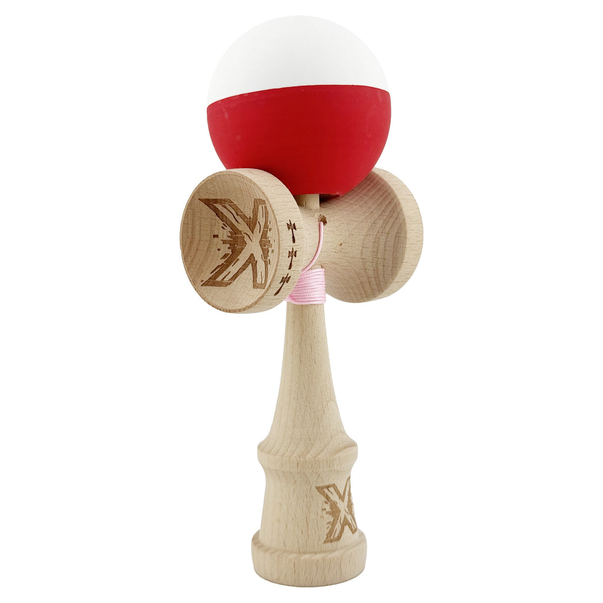 Kendama X Originala, Profesionala, Flippy, Big Cups V2, Rubber Grip cu Cupe Mari, Rulment Metalic cu Ata 55 cm, Alb/Rosu - vivimall.ro