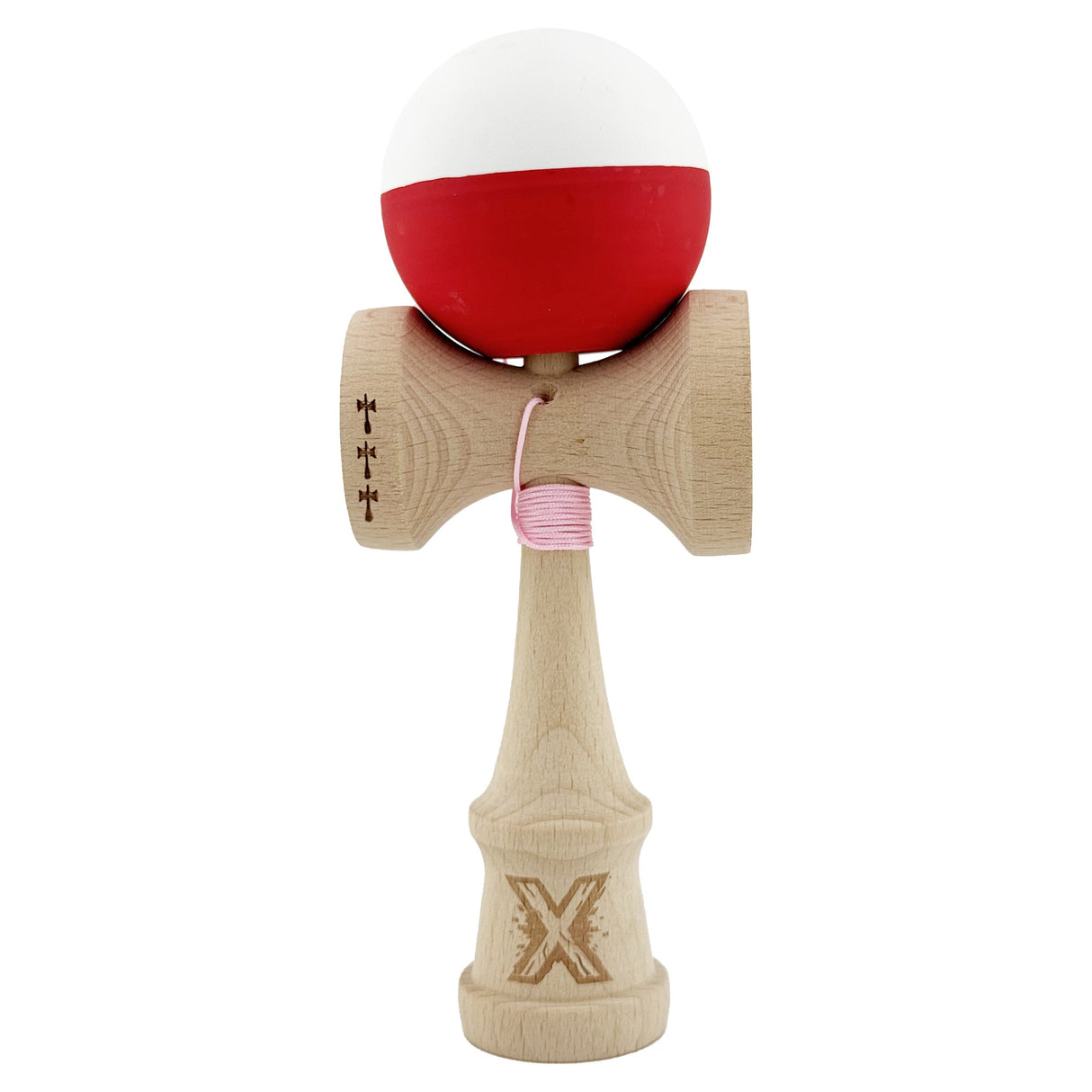 Kendama X Originala, Profesionala, Flippy, Big Cups V2, Rubber Grip cu Cupe Mari, Rulment Metalic cu Ata 55 cm, Alb/Rosu - vivimall.ro