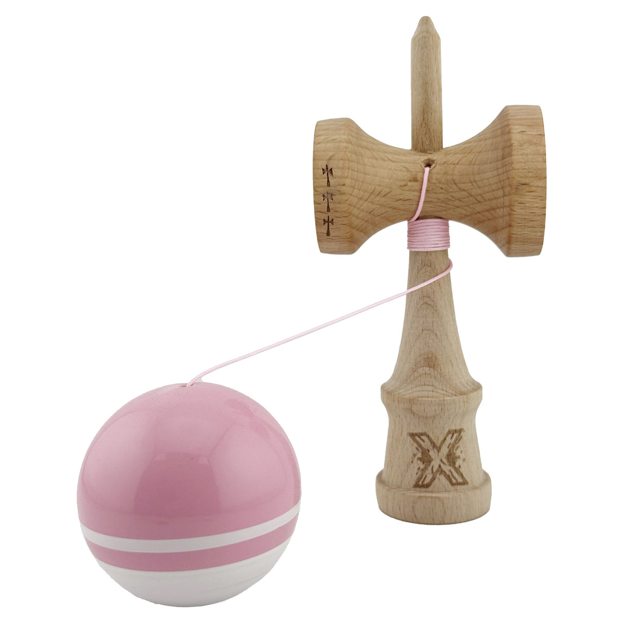 Kendama X Originala, Profesionala, Flippy, Big Cups V2, Super Sticky cu Cupe Mari, din lemn 18 cm, Rulment Metalic cu Ata 55 cm, Roz/Alb - vivimall.ro