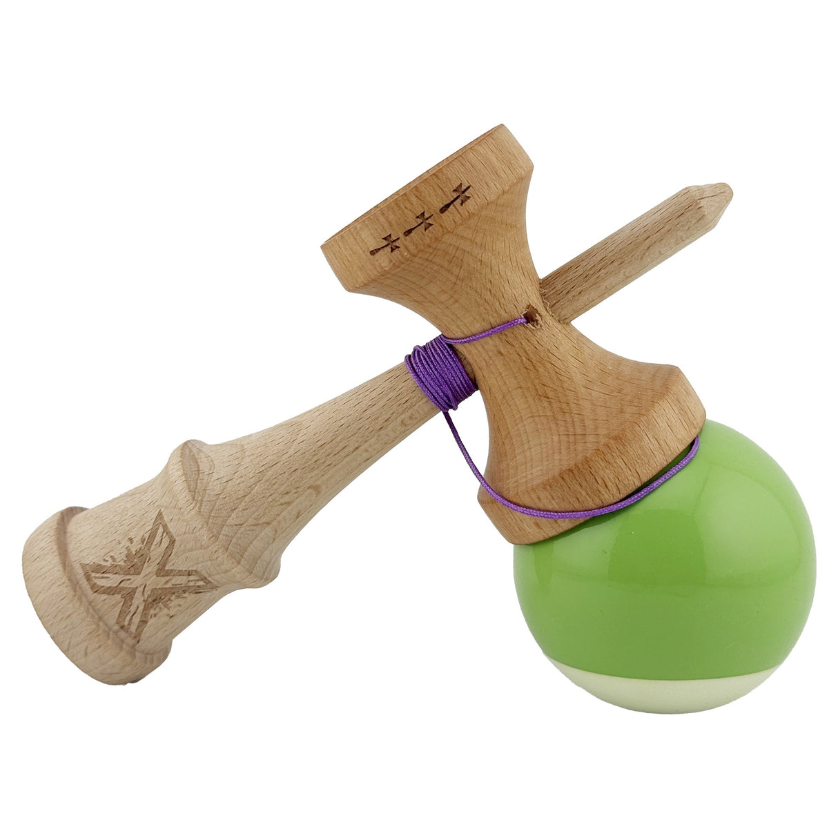 Kendama X Originala, Profesionala, Flippy, Big Cups V2, Super Sticky cu Cupe Mari, din lemn 18 cm, Rulment Metalic cu Ata 55 cm, Verde deschis/Alb - vivimall.ro