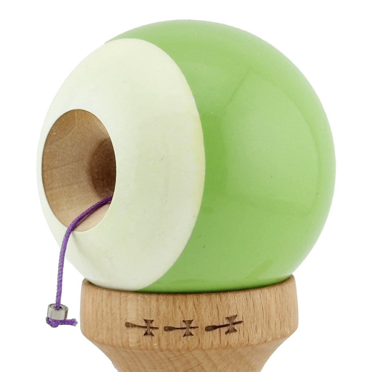 Kendama X Originala, Profesionala, Flippy, Big Cups V2, Super Sticky cu Cupe Mari, din lemn 18 cm, Rulment Metalic cu Ata 55 cm, Verde deschis/Alb - vivimall.ro