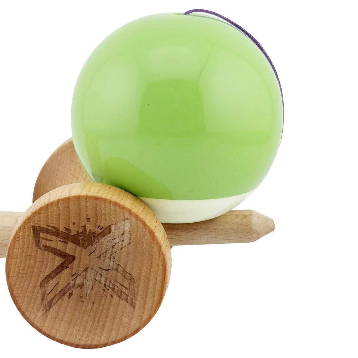 Kendama X Originala, Profesionala, Flippy, Big Cups V2, Super Sticky cu Cupe Mari, din lemn 18 cm, Rulment Metalic cu Ata 55 cm, Verde deschis/Alb - vivimall.ro