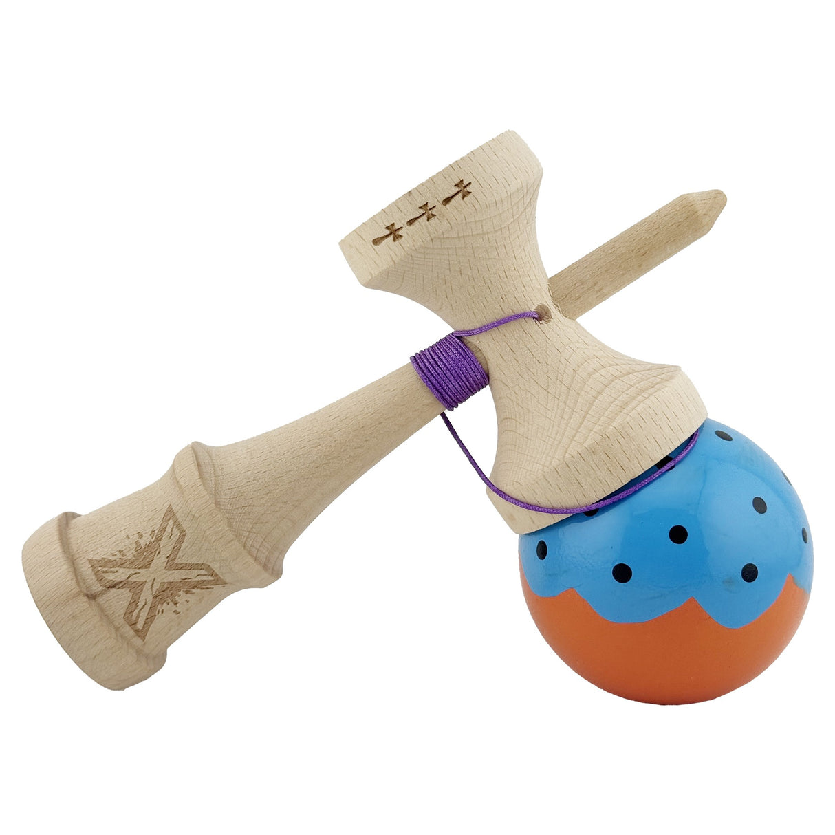 Kendama X Originala, Profesionala, Vivimall, Big Cups V2, Super Sticky, Rulment Metalic cu Ata 55 cm, Albastru/Portocaliu - vivimall.ro