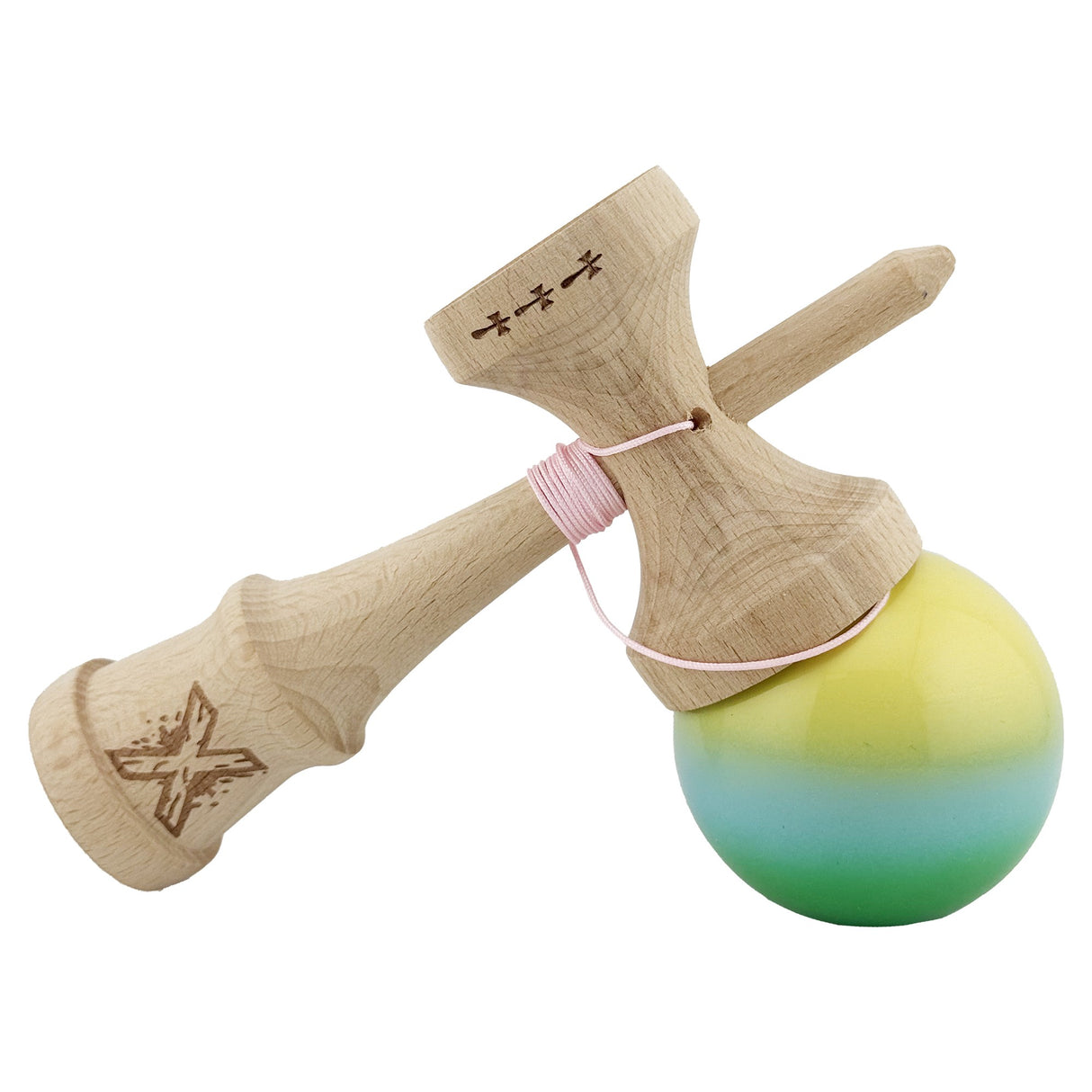 Kendama X Originala, Profesionala, Vivimall, Big Cups V2, Super Sticky cu Cupe Mari, din lemn 18 cm, Rulment Metalic cu Ata 55 cm, Galben/Albastru/Verde - vivimall.ro