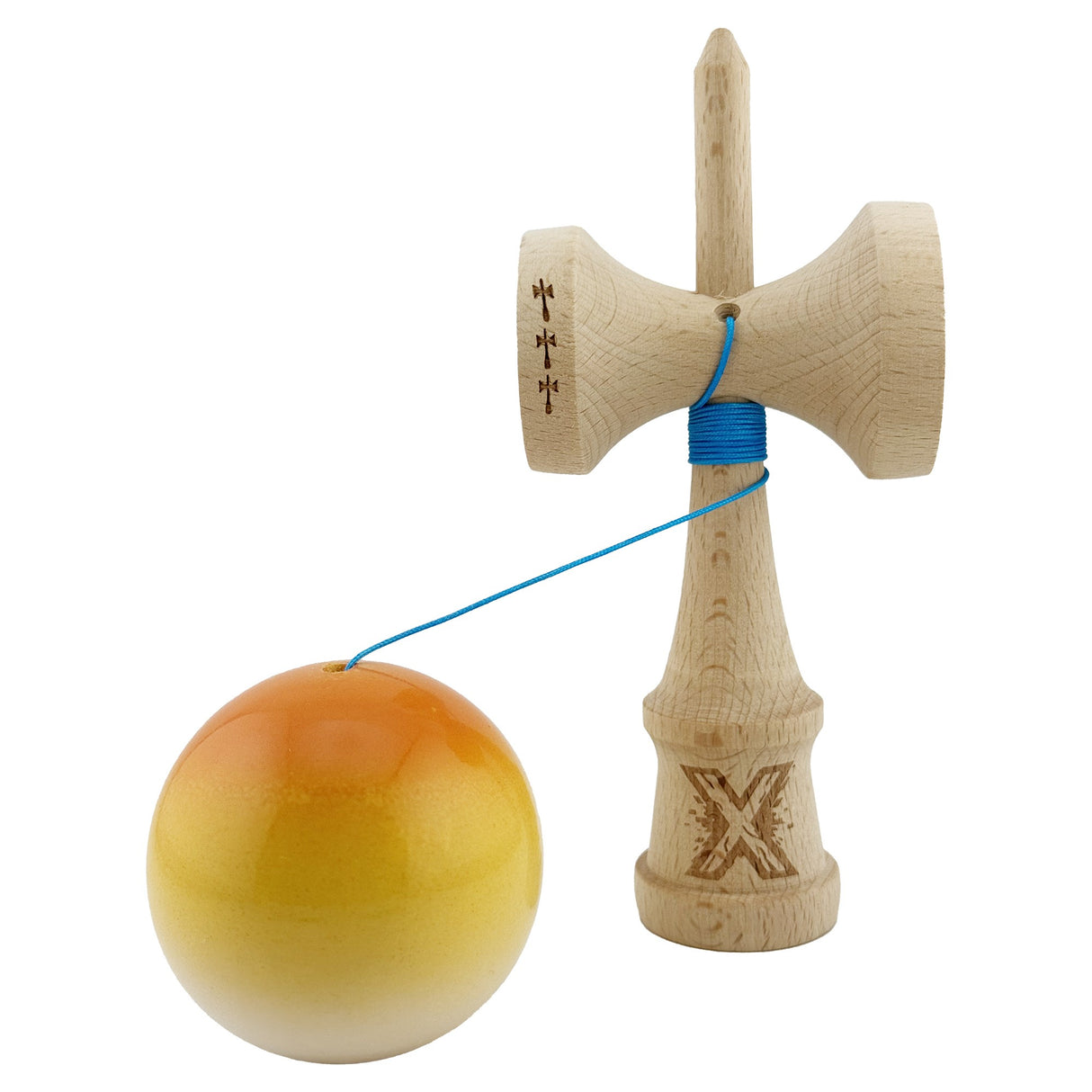 Kendama X Originala, Profesionala, Vivimall, Big Cups V2, Super Sticky, Rulment Metalic cu Ata 55 cm, Protocaliu/Galben/Alb - vivimall.ro