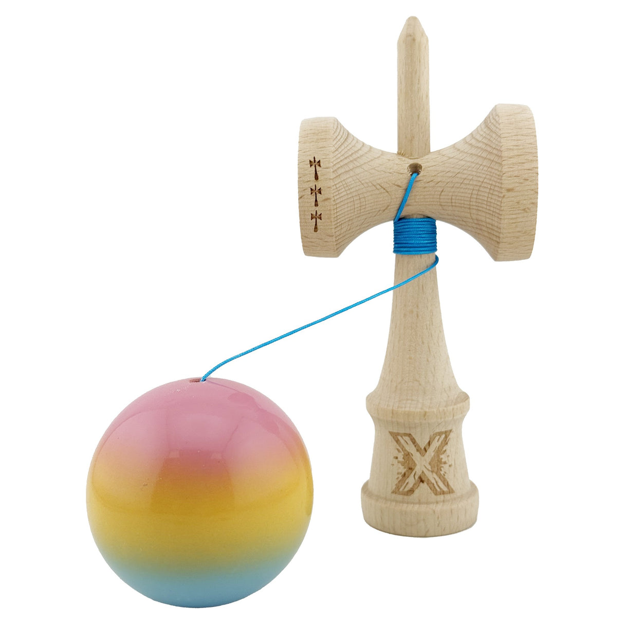 Kendama X Originala, Profesionala, Vivimall, Big Cups V2, Super Sticky, Rulment Metalic cu Ata 55 cm, Roz/Galben/Albastru - vivimall.ro