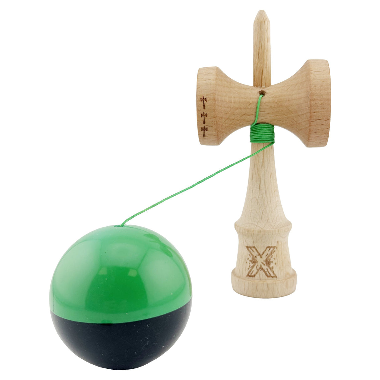 Kendama X Originala, Profesionala, Vivimall, Big Cups V2, Super Sticky cu Cupe Mari, Rulment Metalic, din lemn 18 cm, Ata 55 cm, Verde/Negru - vivimall.ro