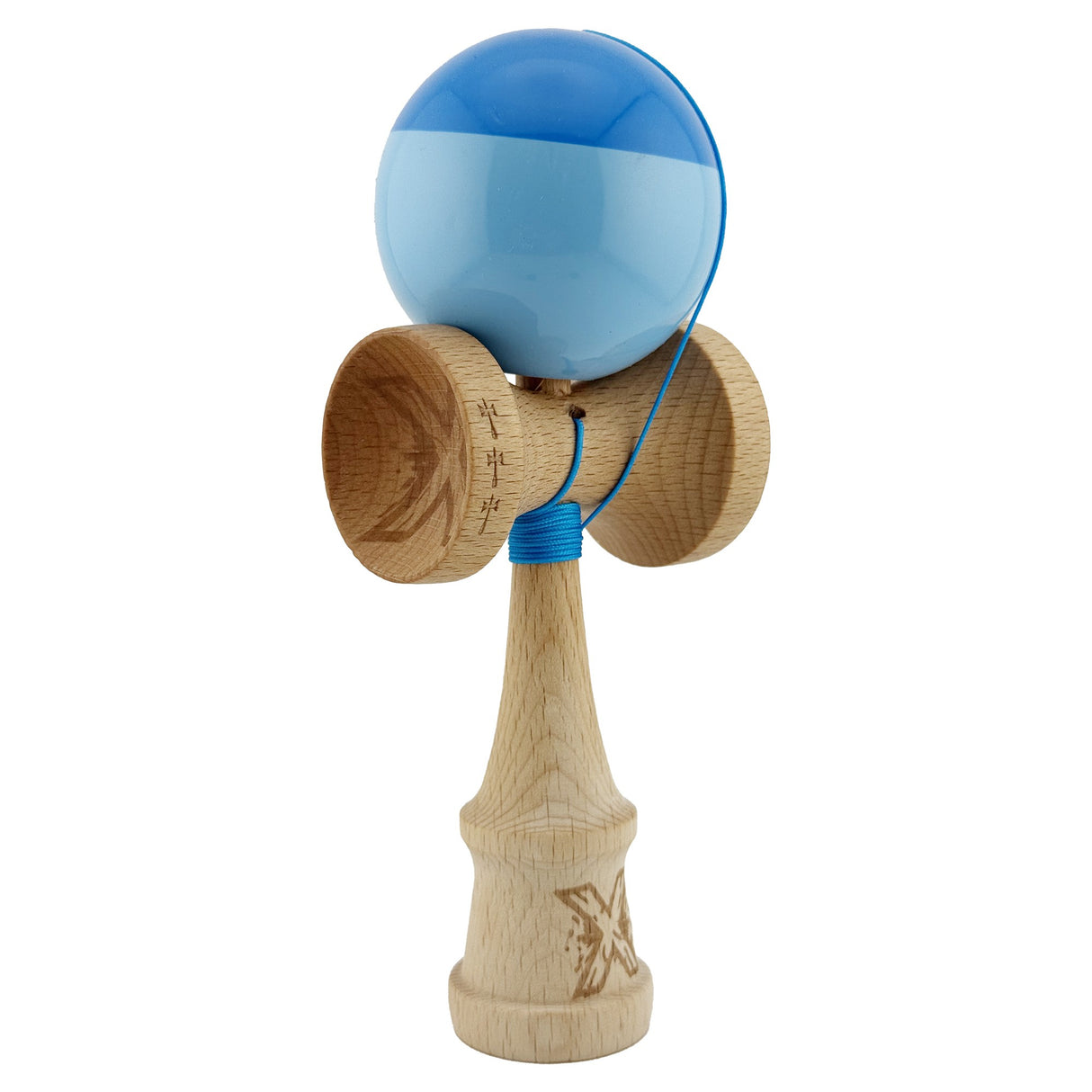 Kendama X Originala, Profesionala, Flippy, Big Cups V2, Super Sticky cu Cupe Mari, Rulment Metalic, din lemn 18 cm, Ata 55 cm, Albastru/Bleu