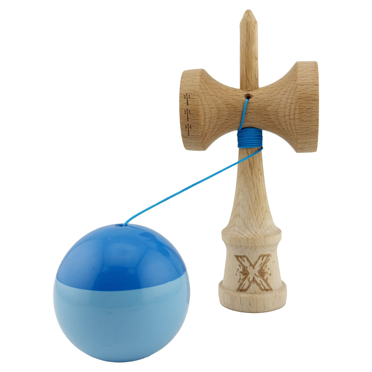 Kendama X Originala, Profesionala, Vivimall, Big Cups V2, Super Sticky cu Cupe Mari, Rulment Metalic, din lemn 18 cm, Ata 55 cm, Albastru/Bleu - vivimall.ro