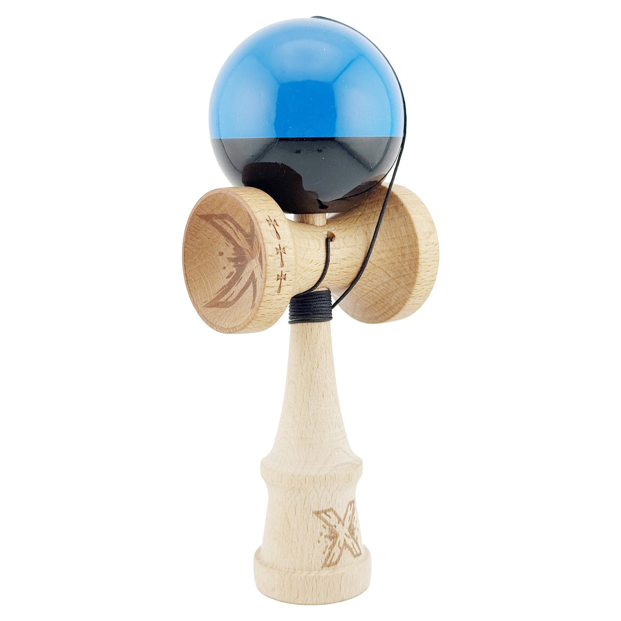 Kendama X Originala, Profesionala, Flippy, Big Cups V2, Super Sticky cu Cupe Mari, Rulment Metalic, din lemn 18 cm, Ata 55 cm, Albastru/Negru