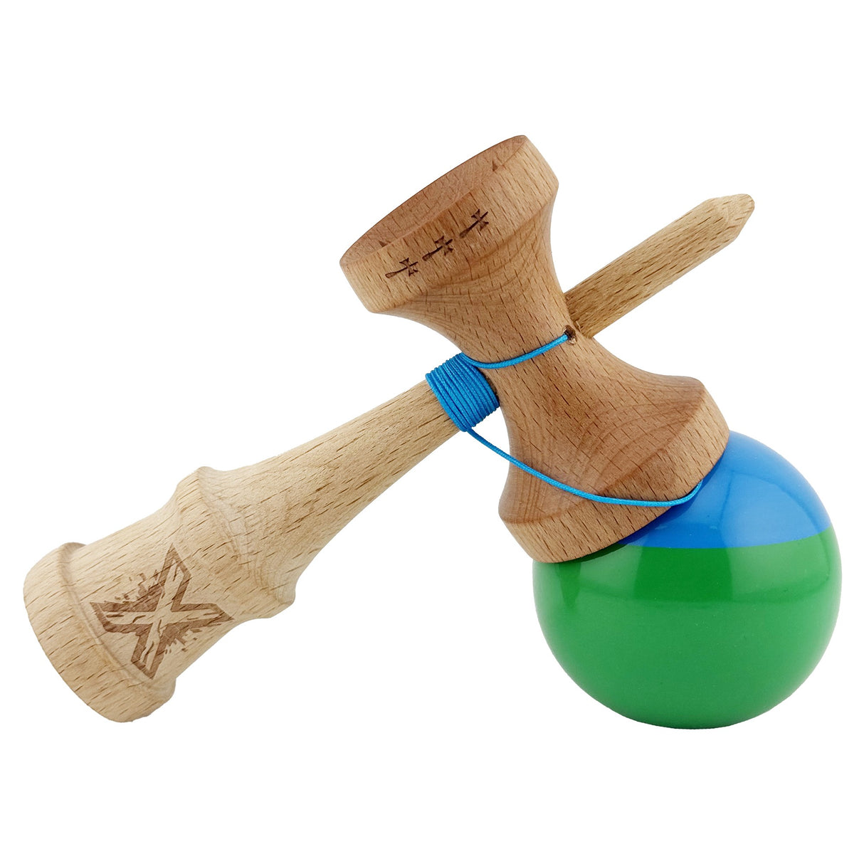 Kendama X Originala, Profesionala, Vivimall, Big Cups V2, Super Sticky cu Cupe Mari, Rulment Metalic, din lemn 18 cm, Ata 55 cm, Albastru/Verde - vivimall.ro