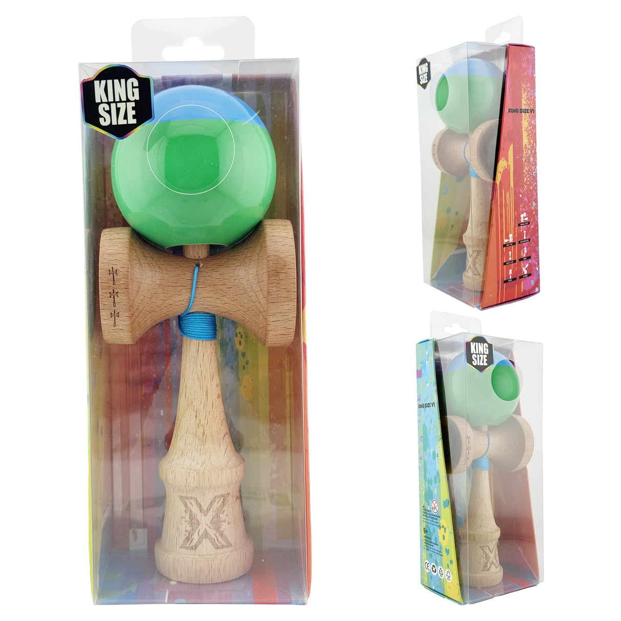 Kendama X Originala, Profesionala, Vivimall, Big Cups V2, Super Sticky cu Cupe Mari, Rulment Metalic, din lemn 18 cm, Ata 55 cm, Albastru/Verde - vivimall.ro