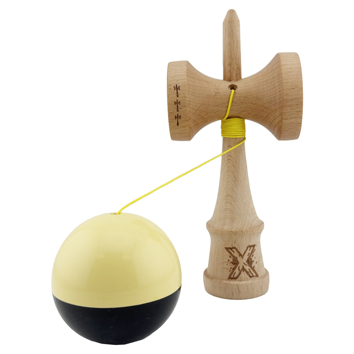 Kendama X Originala, Profesionala, Vivimall, Big Cups V2, Super Sticky cu Cupe Mari, Rulment Metalic, din lemn 18 cm, Ata 55 cm, Galben/Negru - vivimall.ro