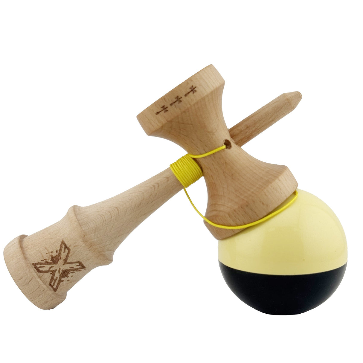 Kendama X Originala, Profesionala, Flippy, Big Cups V2, Super Sticky cu Cupe Mari, Rulment Metalic, din lemn 18 cm, Ata 55 cm, Galben/Negru