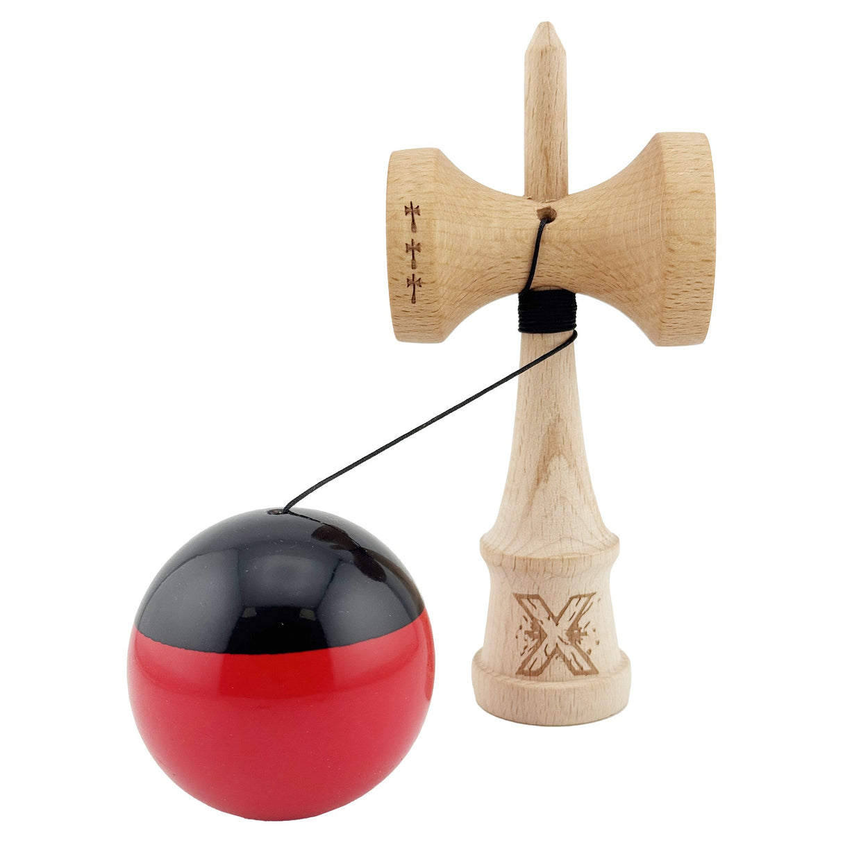 Kendama X Originala, Profesionala, Vivimall, Big Cups V2, Super Sticky cu Cupe Mari, Rulment Metalic, din lemn 18 cm, Ata 55 cm, Negru/Rosu