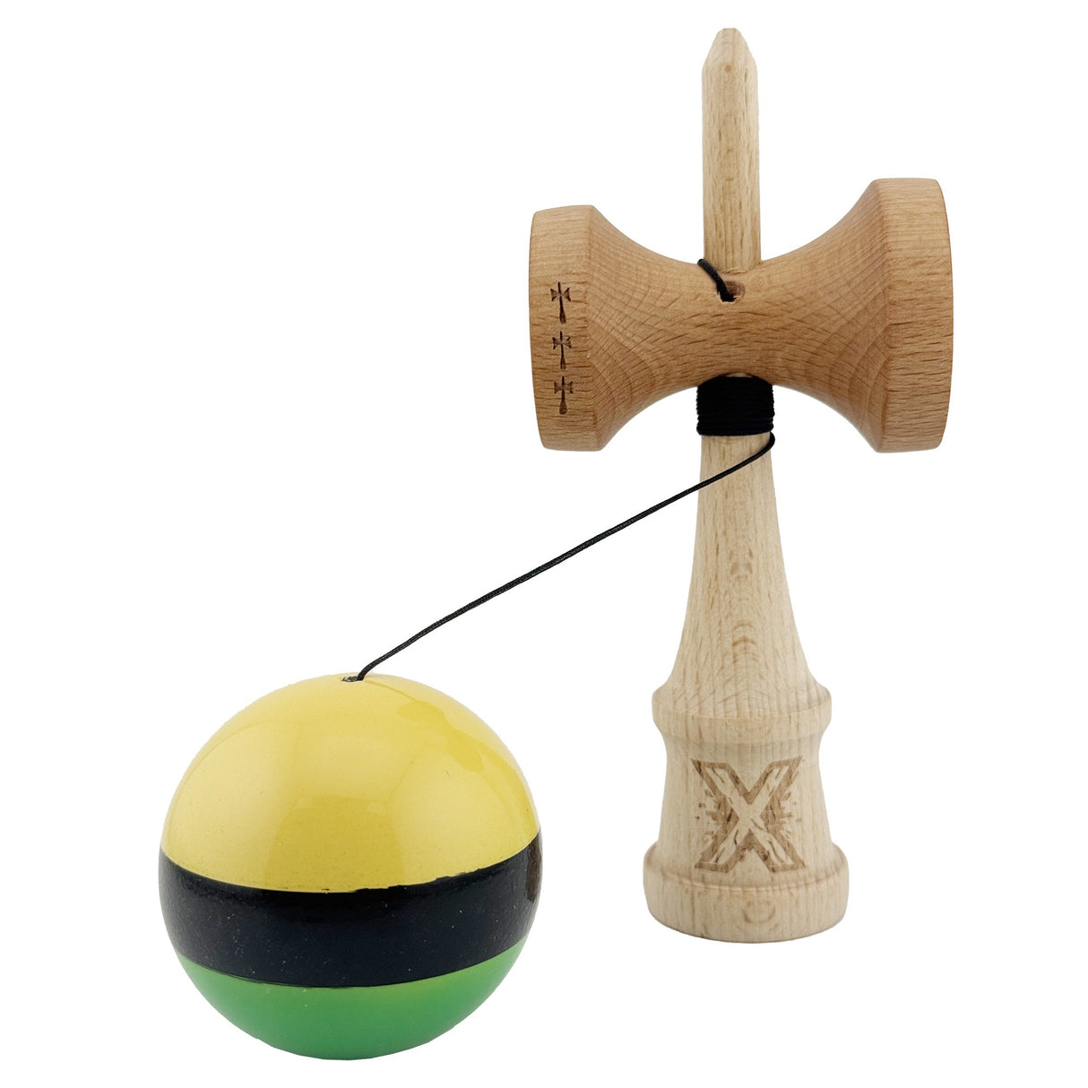 Kendama X Originala, Profesionala, Vivimall, Big Cups V2, Super Sticky, Rulment Metalic cu Ata 55 cm, Galben/Negru/Verde - vivimall.ro