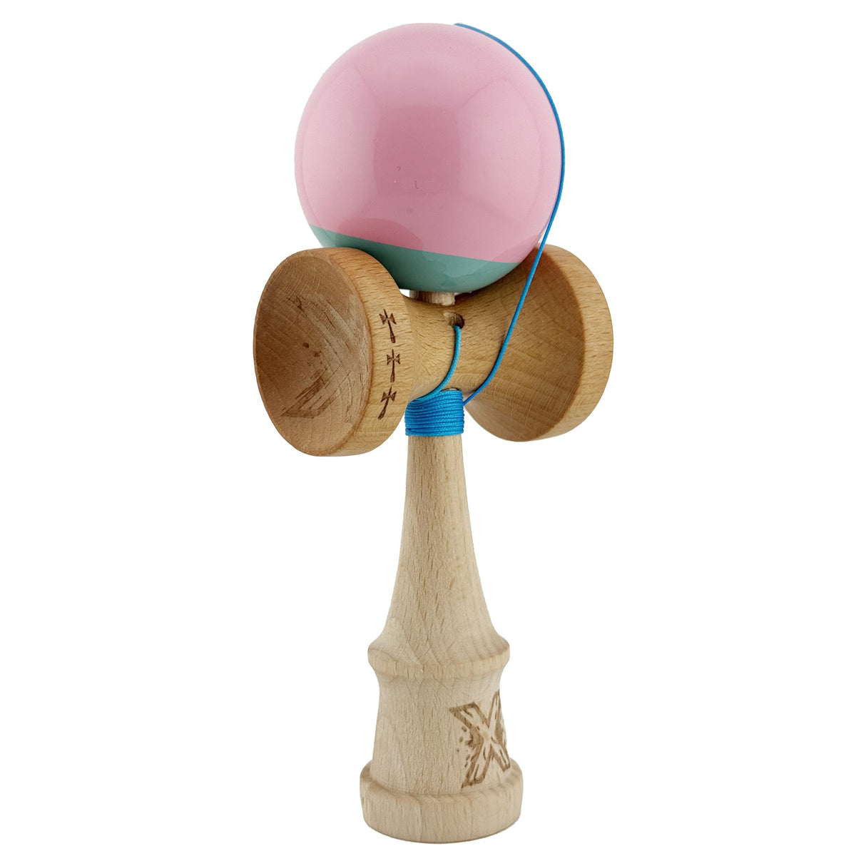 Kendama X Originala, Profesionala, Vivimall, Big Cups V2, Super Sticky Cupe Mari, Rulment Metalic cu Ata 55 cm, Roz/Verde - vivimall.ro
