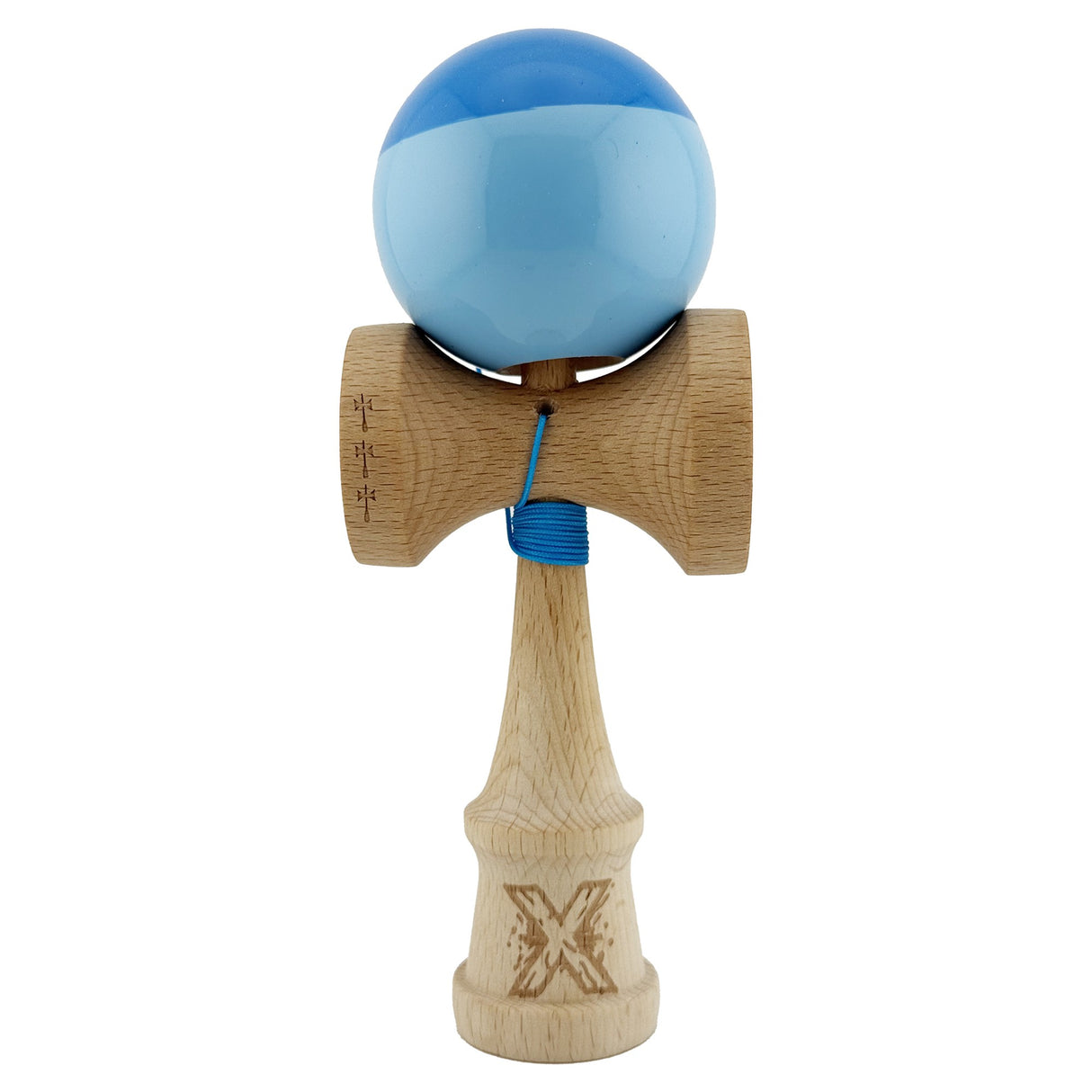 Kendama X Originala, Profesionala, Vivimall, Big Cups V2, Super Sticky cu Cupe Mari, Rulment Metalic, din lemn 18 cm, Ata 55 cm, Albastru/Bleu - vivimall.ro