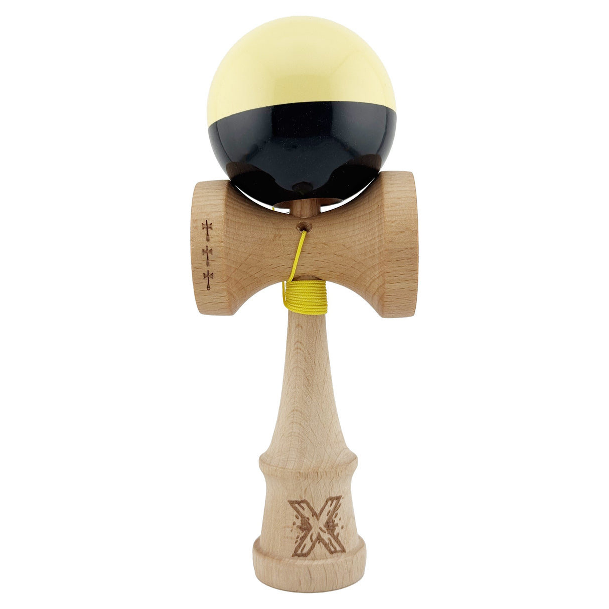 Kendama X Originala, Profesionala, Vivimall, Big Cups V2, Super Sticky cu Cupe Mari, Rulment Metalic, din lemn 18 cm, Ata 55 cm, Galben/Negru - vivimall.ro
