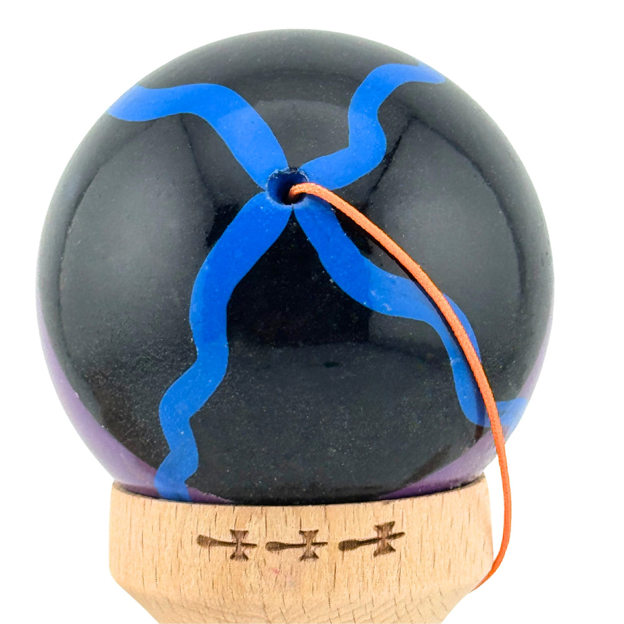 Kendama X Originala, Profesionala, Flippy, Big Cups V2, Super Sticky Cupe Mari, Rulment Metalic cu Ata 55 cm,-Negru Mov cu Linii - vivimall.ro