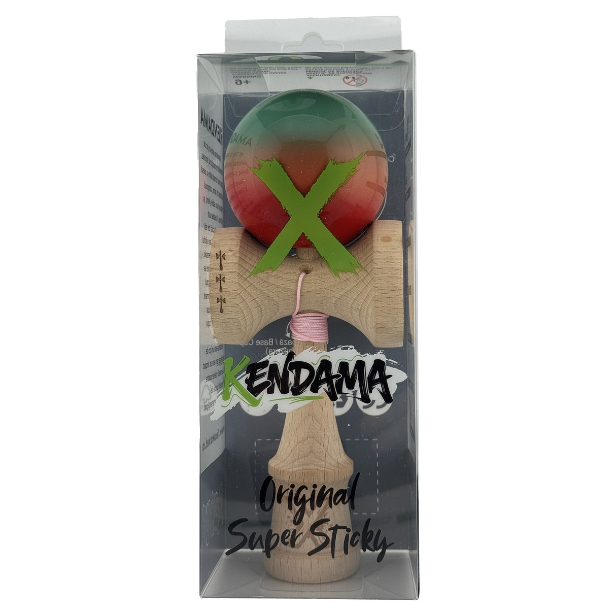 Kendama X Originala, Profesionala, Flippy, Big Cups V2, Super Sticky Cupe Mari, Rulment Metalic cu Ata 55 cm, Rosu/Verde - vivimall.ro