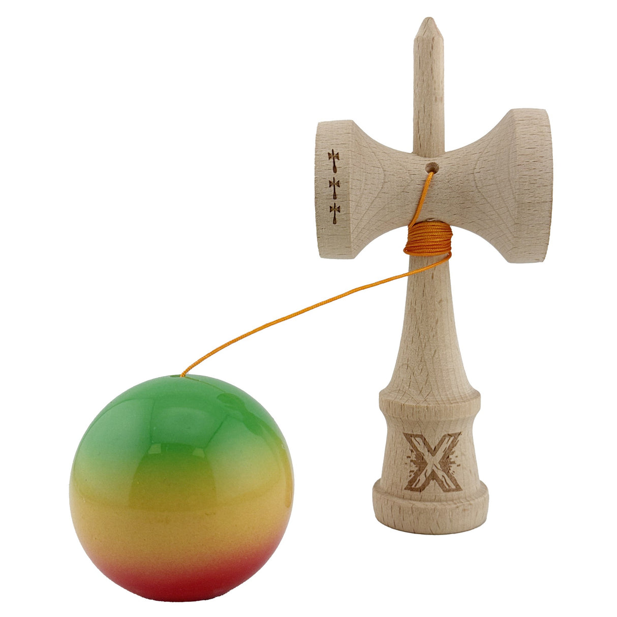 Kendama X Originala, Profesionala, Flippy, Big Cups V2, Super Sticky Cupe Mari, Rulment Metalic cu Ata 55 cm, Verde/Galben/Rosu - vivimall.ro