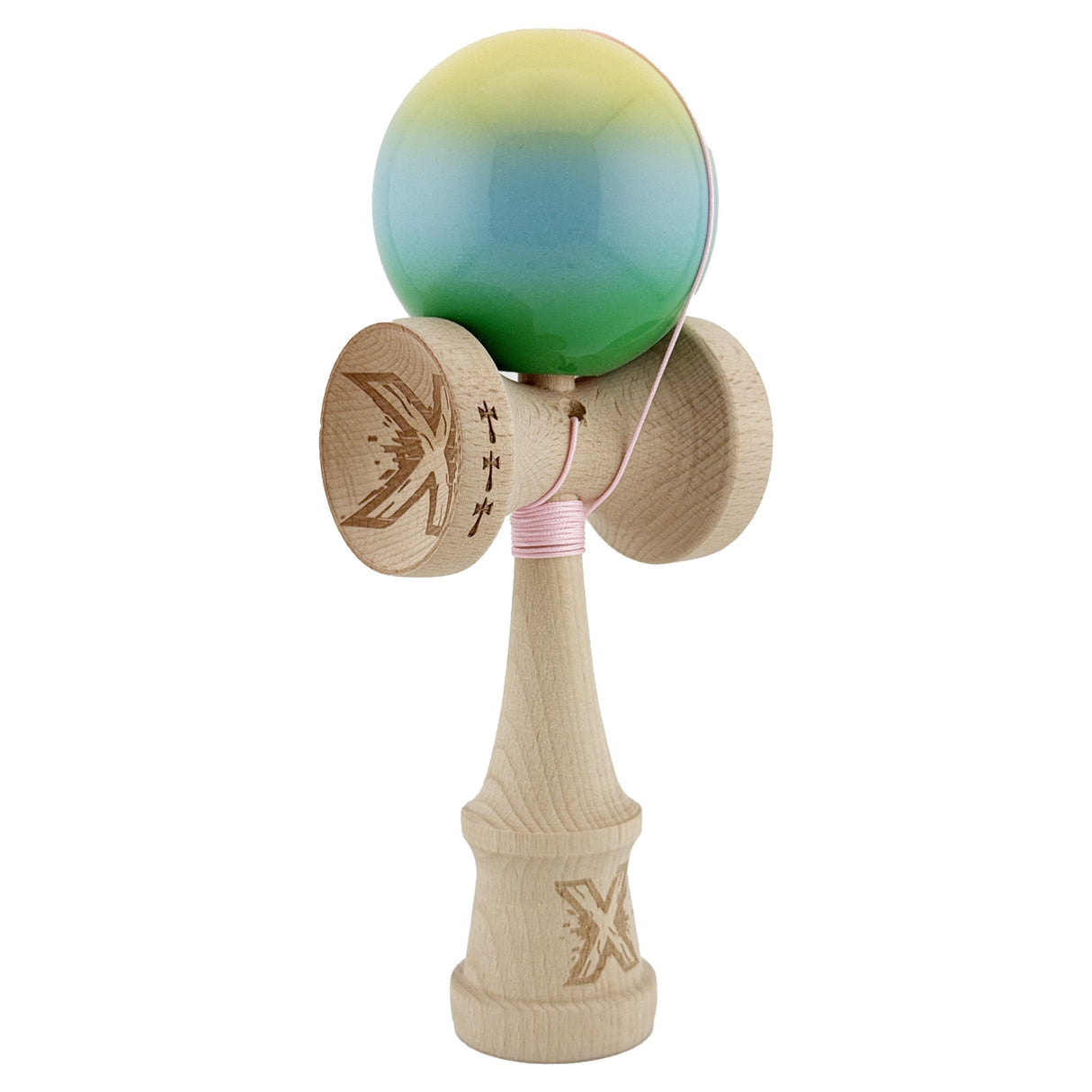 Kendama X Originala, Profesionala, Flippy, Big Cups V2, Super Sticky Cupe Mari, Rulment Metalic cu Ata 55 cm, Galben/Albastru deschis/Verde - vivimall.ro