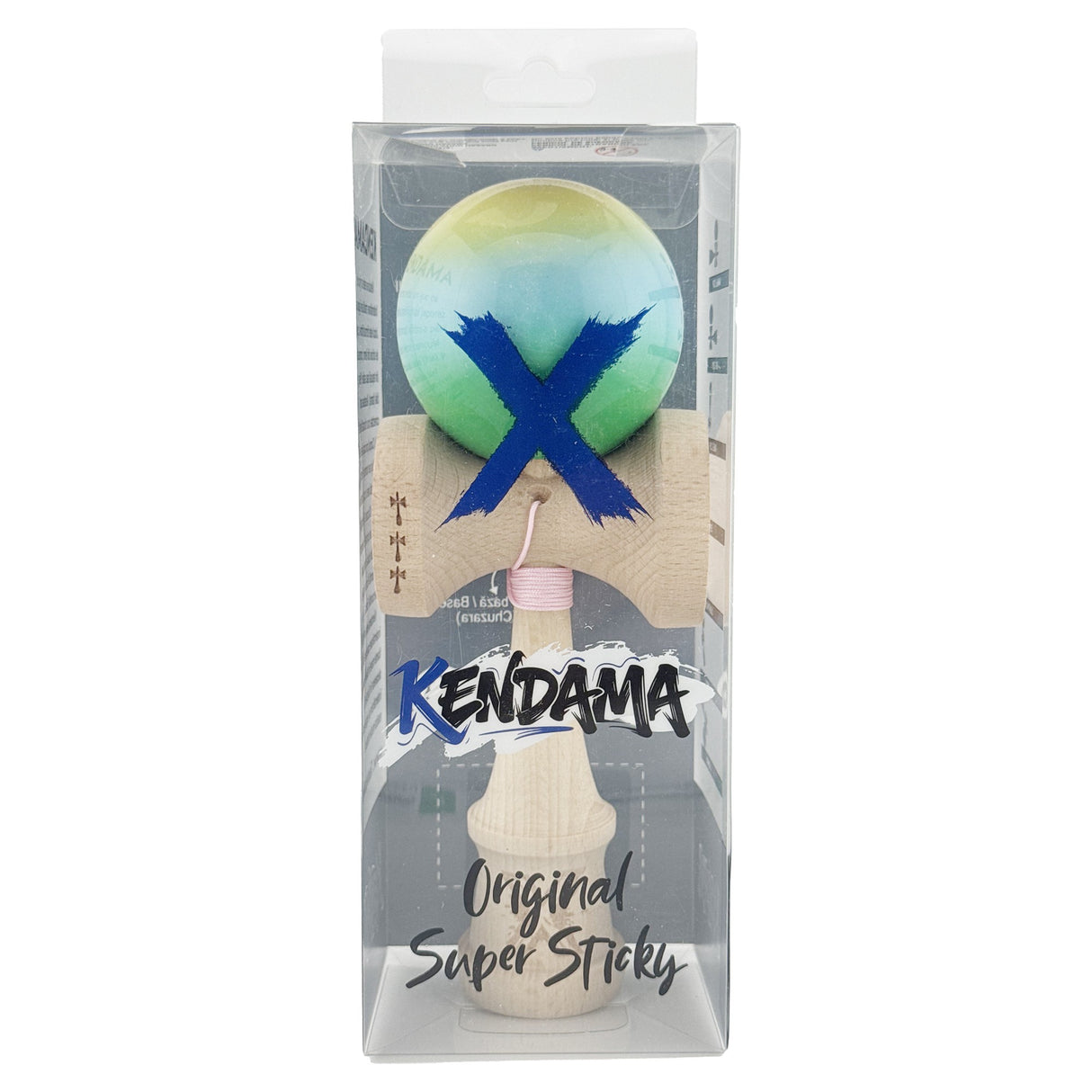 Kendama X Originala, Profesionala, Flippy, Big Cups V2, Super Sticky Cupe Mari, Rulment Metalic cu Ata 55 cm, Galben/Albastru deschis/Verde - vivimall.ro