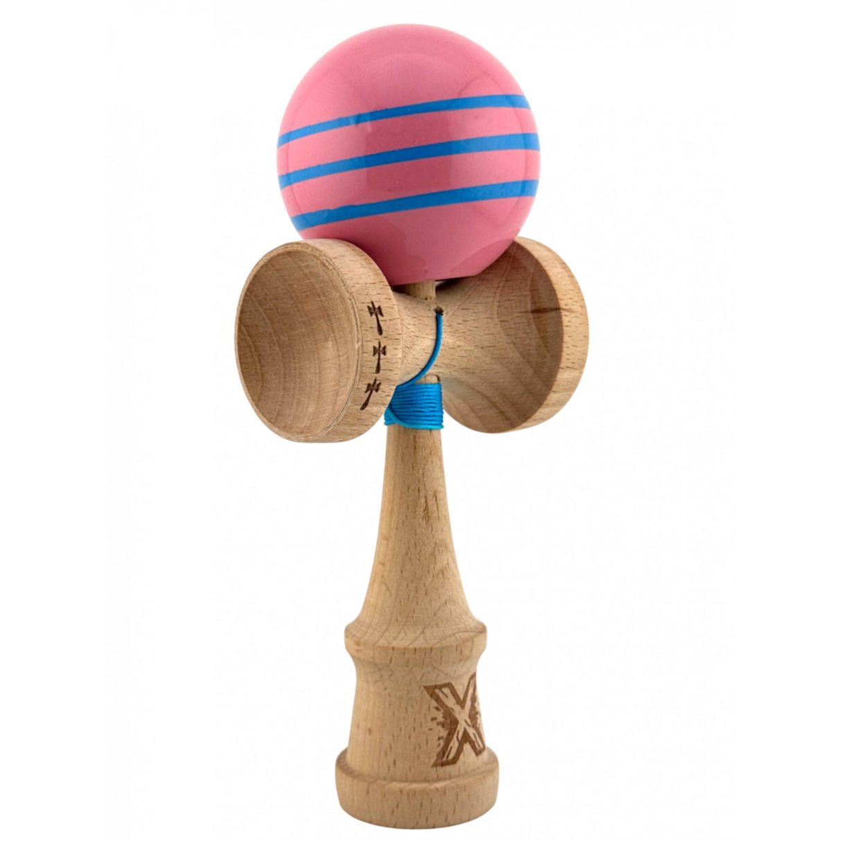 Kendama X Originala, Profesionala, Flippy, Big Cups V2, Super Sticky Legendary Cupe Mari, Rulment Metalic cu Ata 55 cm, Roz/Linii Albastre deschise - vivimall.ro