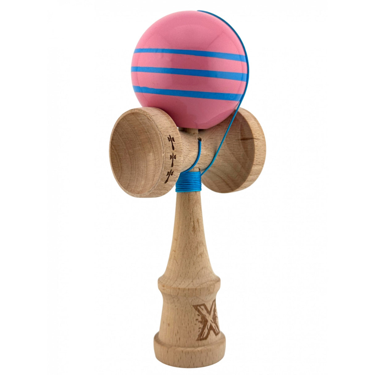 Kendama X Originala, Profesionala, Flippy, Big Cups V2, Super Sticky Legendary Cupe Mari, Rulment Metalic cu Ata 55 cm, Roz/Linii Albastre deschise - vivimall.ro