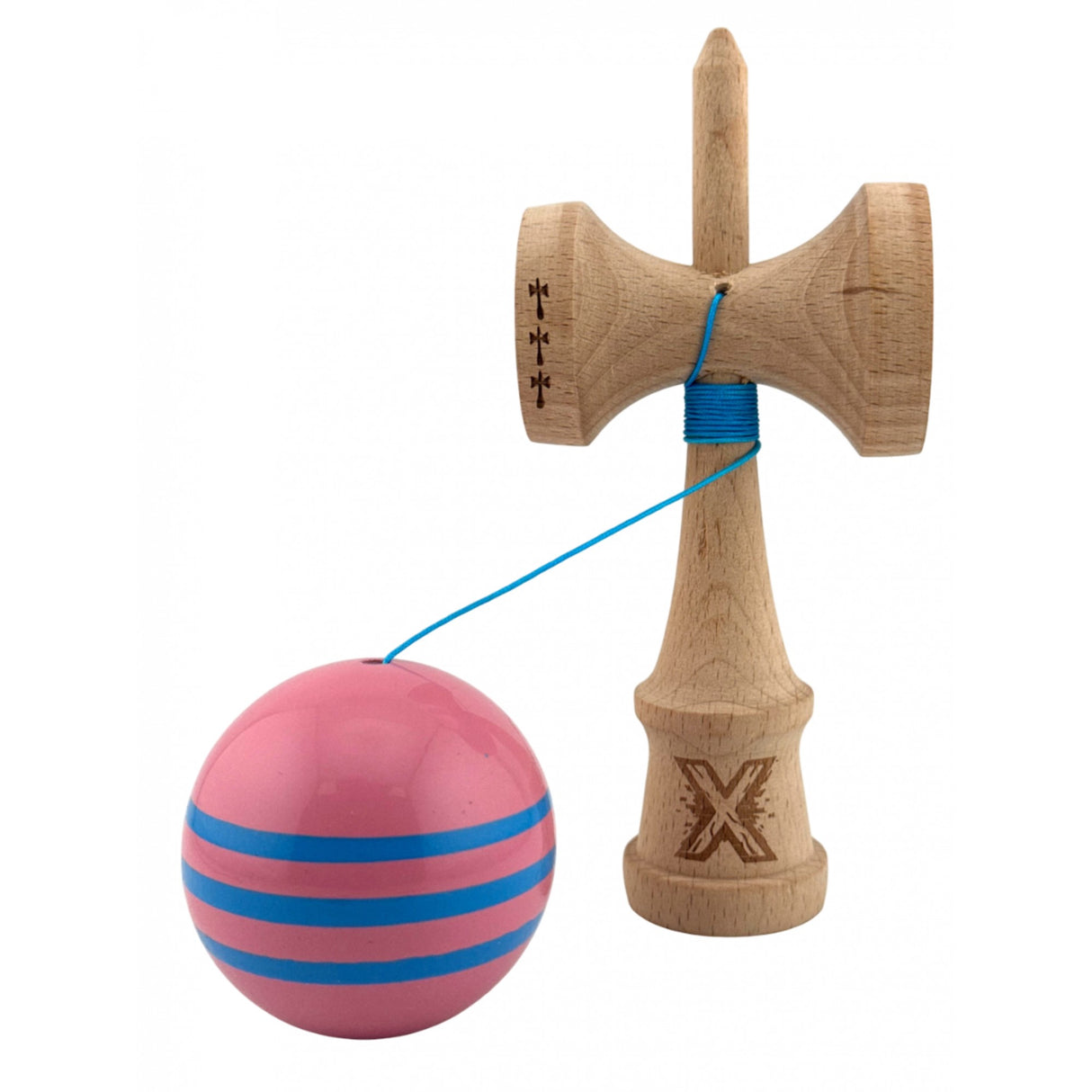 Kendama X Originala, Profesionala, Flippy, Big Cups V2, Super Sticky Legendary Cupe Mari, Rulment Metalic cu Ata 55 cm, Roz/Linii Albastre deschise - vivimall.ro