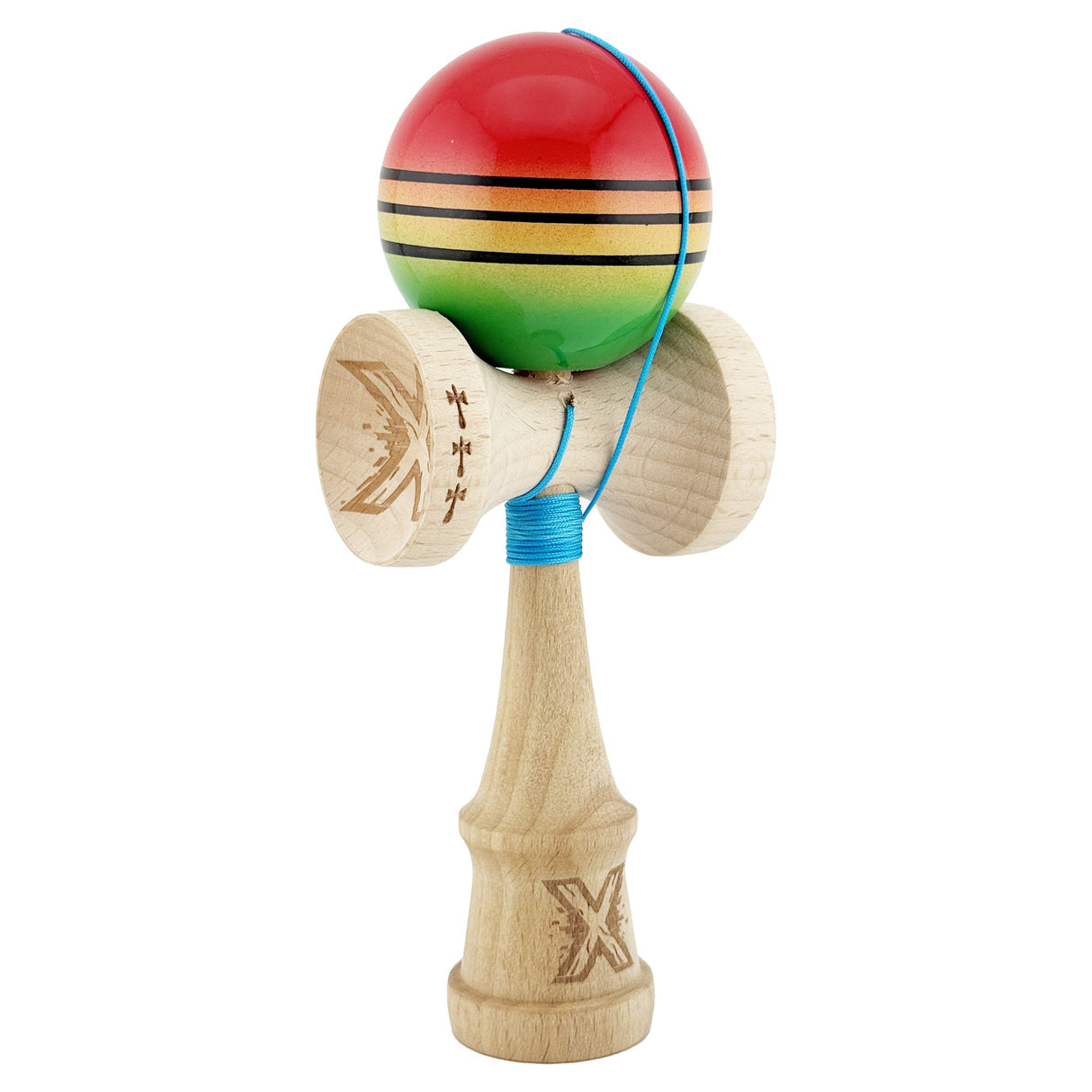 Kendama X Originala, Profesionala, Flippy, Big Cups V2, Super Sticky Legendary Cupe Mari, Rulment Metalic cu Ata 55 cm, Rosu/Galben/Verde - vivimall.ro