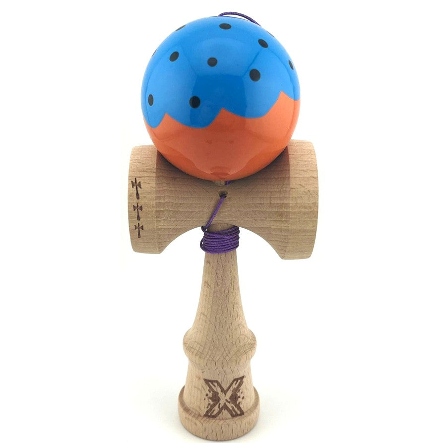 Kendama X Originala, Profesionala, Flippy, Big Cups V2, Super Sticky, Rulment Metalic cu Ata 55 cm, Albastru/Portocaliu - vivimall.ro