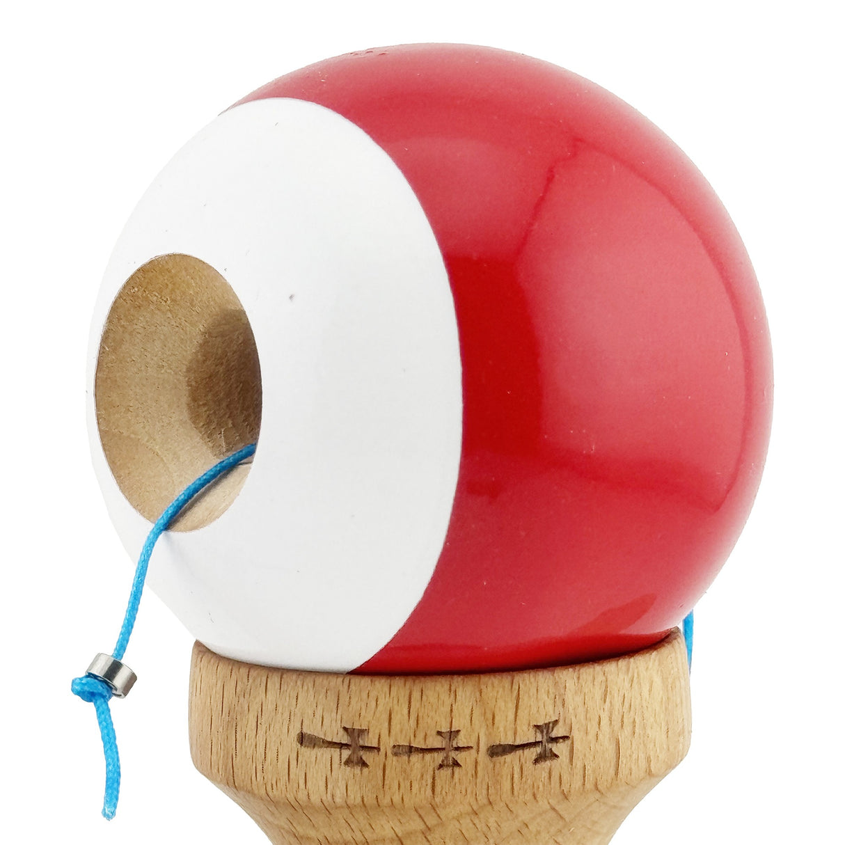 Kendama X Originala, Profesionala, Flippy, Big Cups V2, Super Sticky cu Cupe Mari, din lemn 18 cm, Rulment Metalic cu Ata 55 cm, Rosu/Alb - vivimall.ro