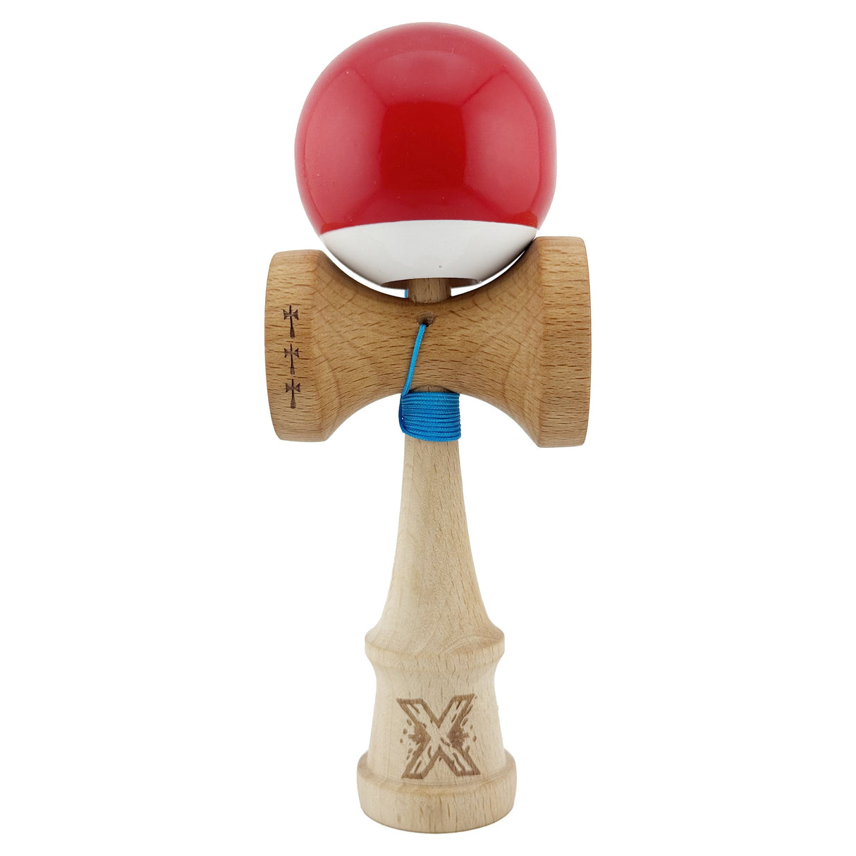 Kendama X Originala, Profesionala, Flippy, Big Cups V2, Super Sticky cu Cupe Mari, din lemn 18 cm, Rulment Metalic cu Ata 55 cm, Rosu/Alb - vivimall.ro