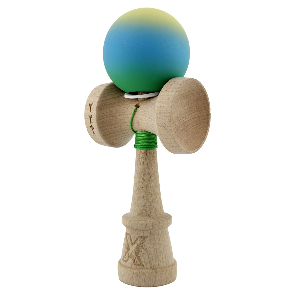 Kendama X Originala, Profesionala, Vivimall, Cupe Mari KING SIZE V3, Rubber Grip, Gaura in Baza, Rulment Metalic, din lemn 18 cm, Ata 55 cm, Gradient Galben/Albastru/Verde - vivimall.ro