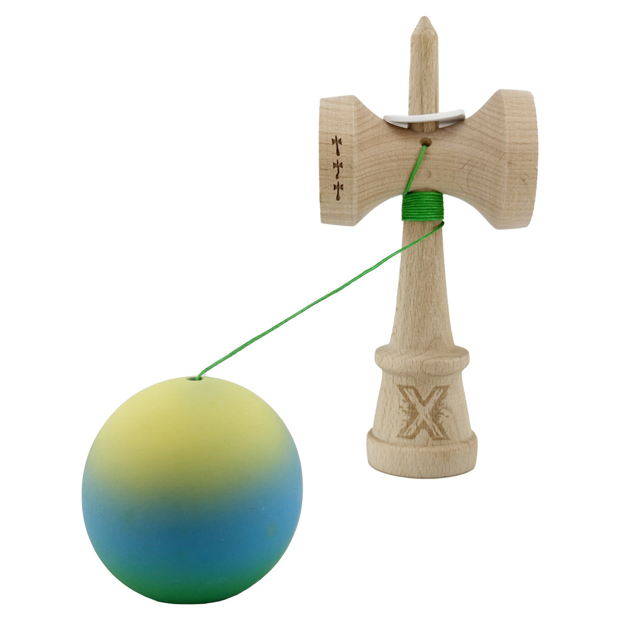 Kendama X Originala, Profesionala, Vivimall, Cupe Mari KING SIZE V3, Rubber Grip, Gaura in Baza, Rulment Metalic, din lemn 18 cm, Ata 55 cm, Gradient Galben/Albastru/Verde - vivimall.ro