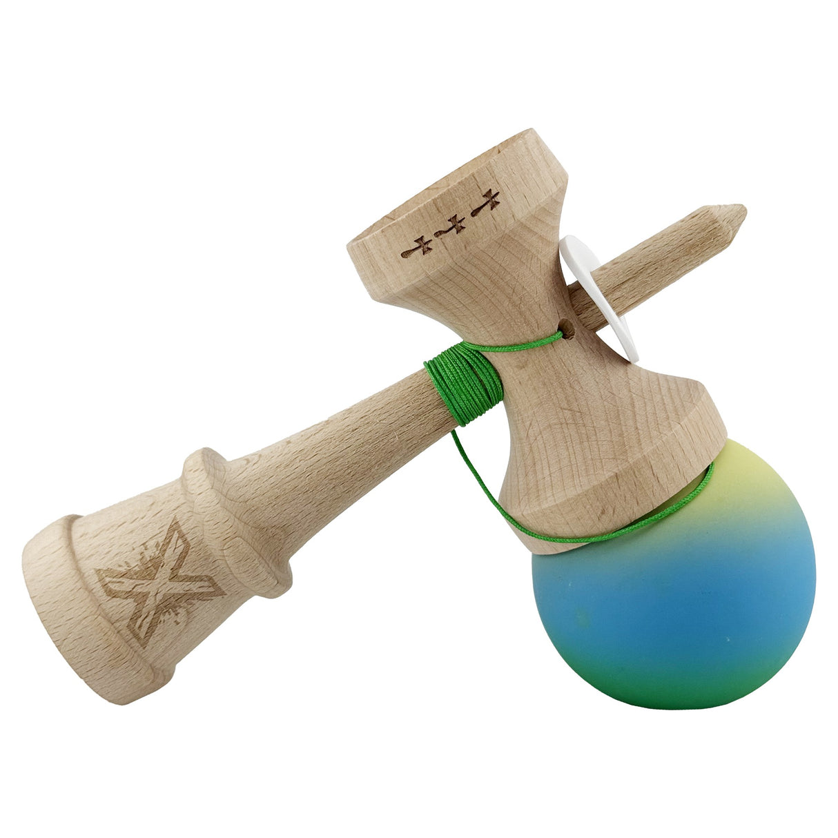 Kendama X Originala, Profesionala, Vivimall, Cupe Mari KING SIZE V3, Rubber Grip, Gaura in Baza, Rulment Metalic, din lemn 18 cm, Ata 55 cm, Gradient Galben/Albastru/Verde - vivimall.ro