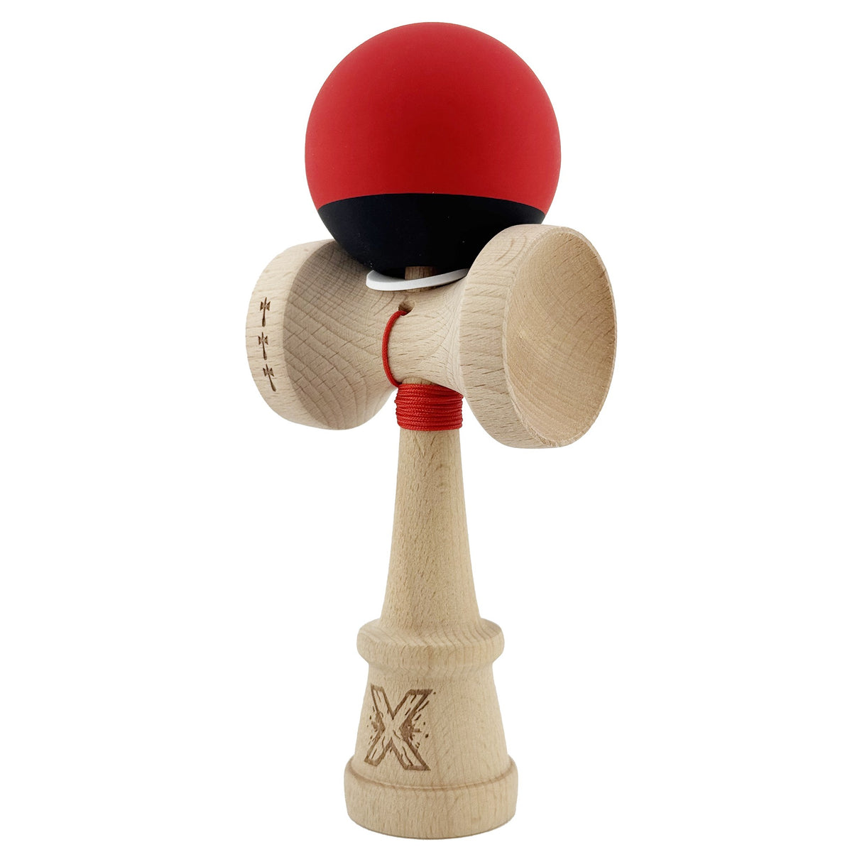 Kendama X Originala, Profesionala, Vivimall, Cupe Mari KING SIZE V3, Rubber Grip, Gaura in Baza, Rulment Metalic, din lemn 18 cm, Ata 55 cm, Bicolor Rosu/Negru - vivimall.ro