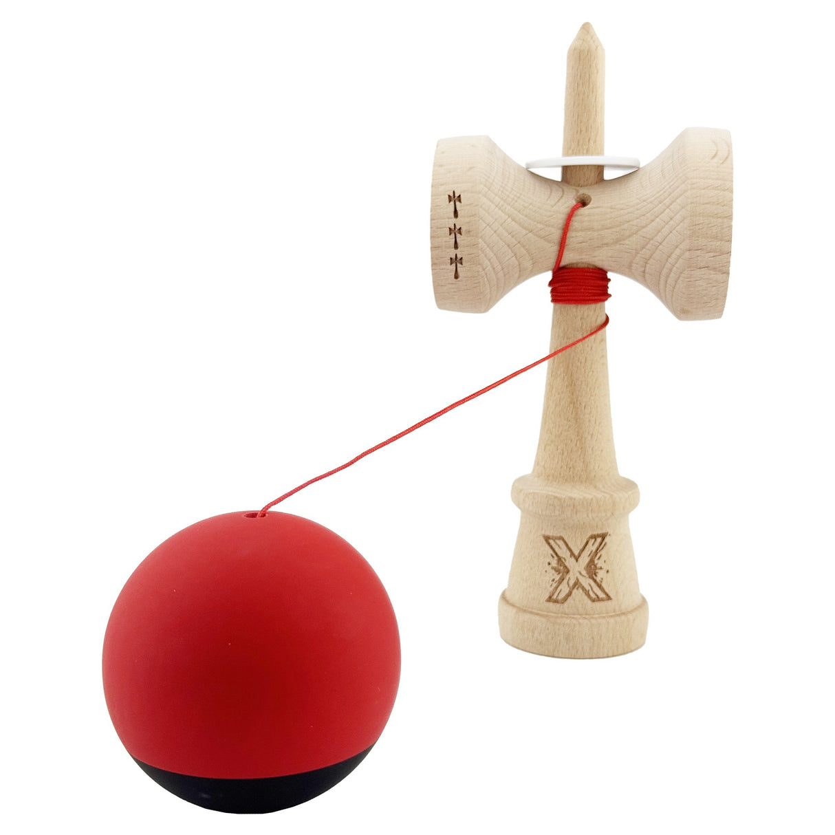 Kendama X Originala, Profesionala, Vivimall, Cupe Mari KING SIZE V3, Rubber Grip, Gaura in Baza, Rulment Metalic, din lemn 18 cm, Ata 55 cm, Bicolor Rosu/Negru - vivimall.ro
