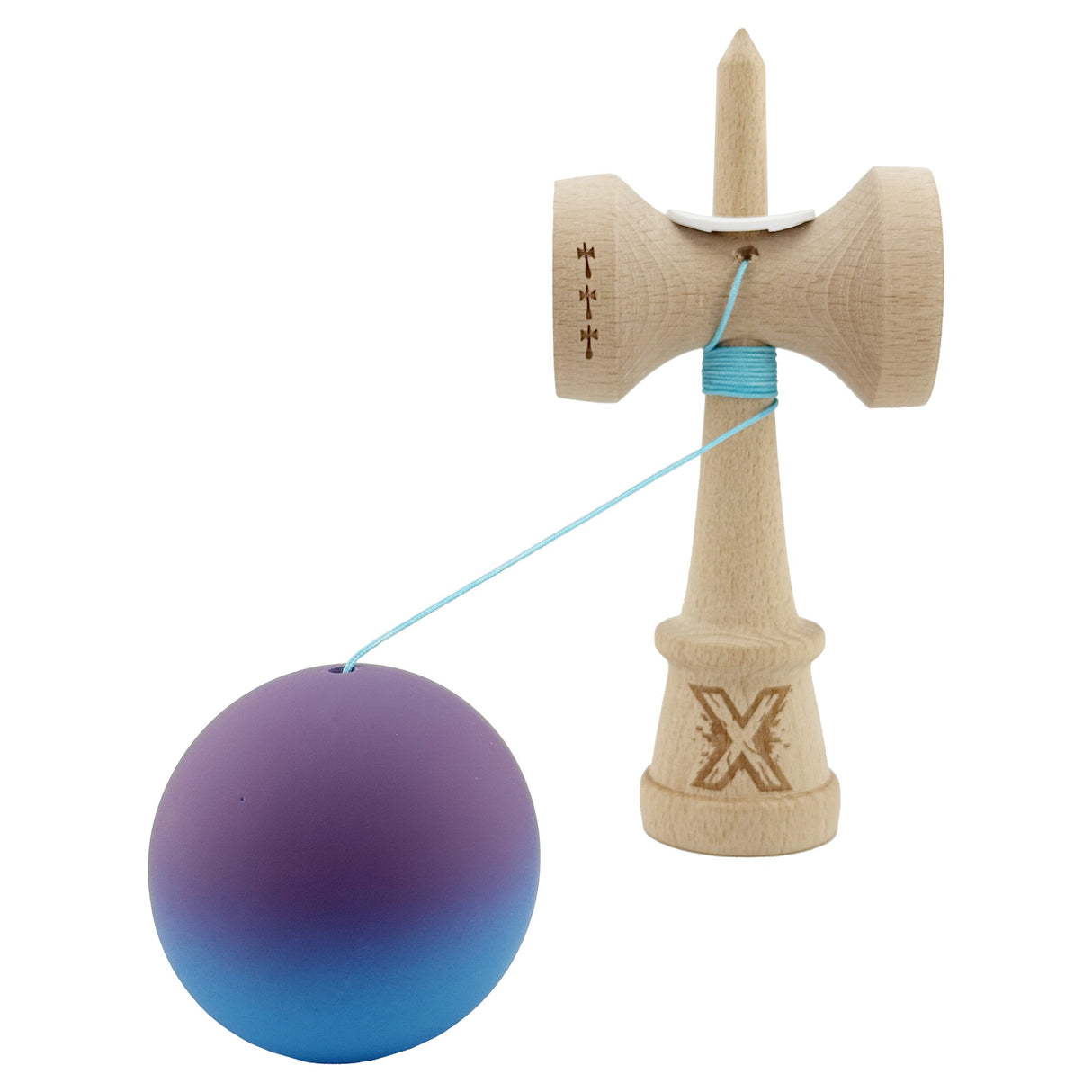 Kendama X Originala, Profesionala, Vivimall, Cupe Mari KING SIZE V3, Rubber Grip, Gaura in Baza, Rulment Metalic, din lemn 18 cm, Ata 55 cm, Gradient Mov/Albastru - vivimall.ro