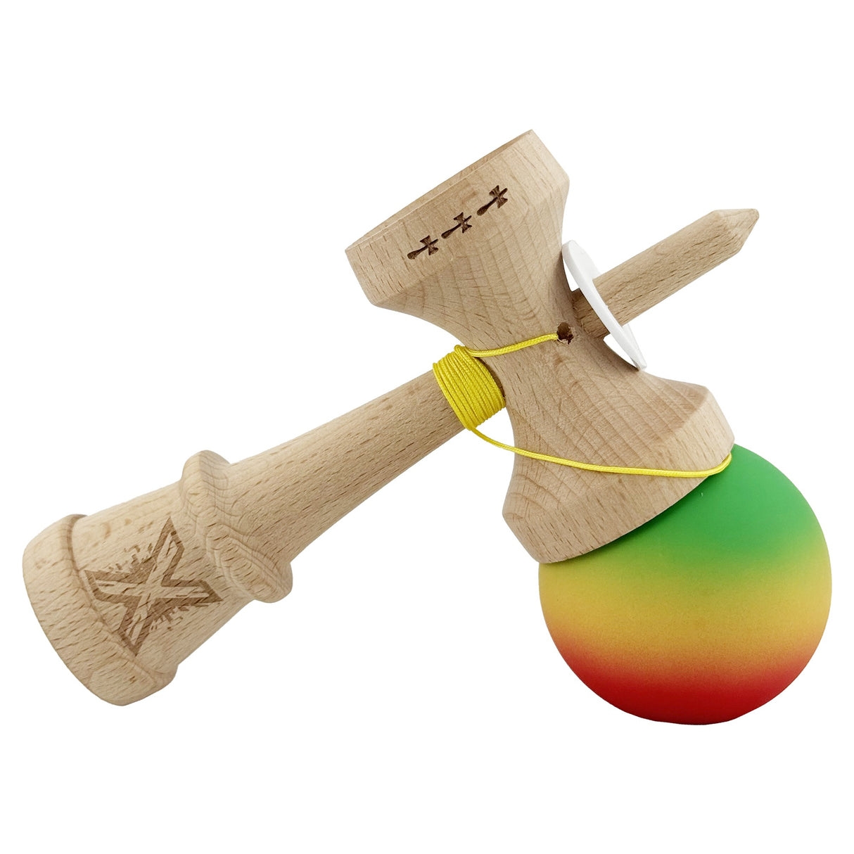 Kendama X Originala, Profesionala, Vivimall, Cupe Mari KING SIZE V3, Rubber Grip, Gaura in Baza, Rulment Metalic, din lemn 18 cm, Ata 55 cm, Gradient Verde/Galben/Rosu - vivimall.ro