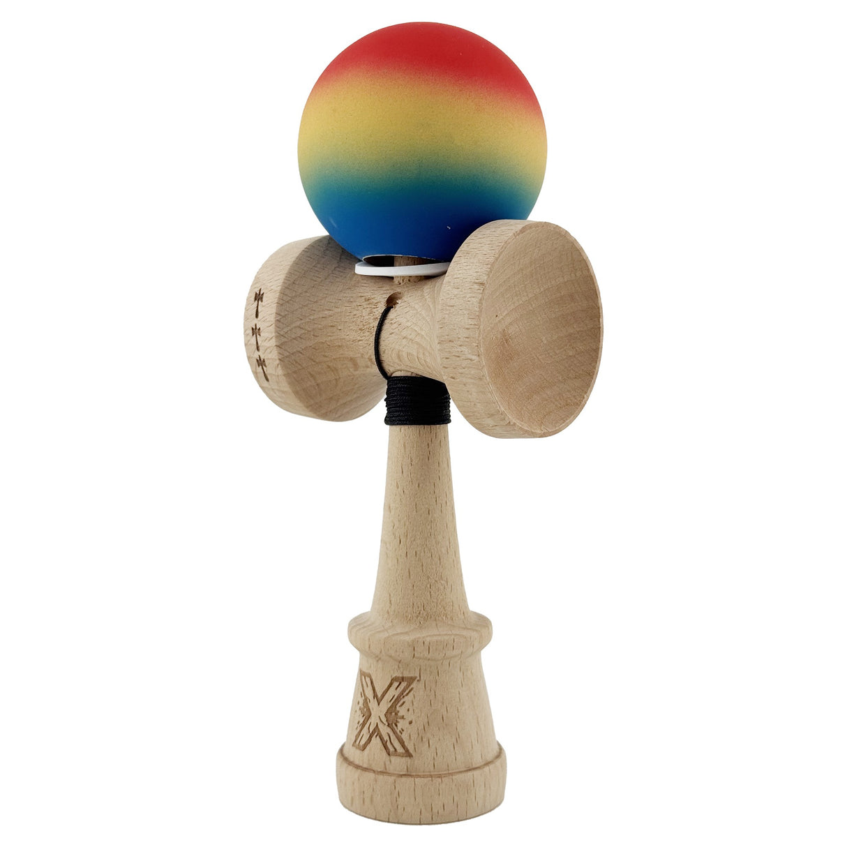 Kendama X Originala, Profesionala, Vivimall, Cupe Mari KING SIZE V3, Rubber Grip, Gaura in Baza, Rulment Metalic, din lemn 18 cm, Ata 55 cm, Gradient Rosu/Galben/Albastru - vivimall.ro