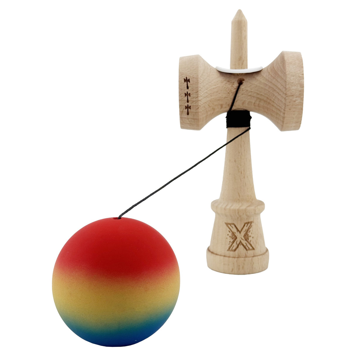 Kendama X Originala, Profesionala, Vivimall, Cupe Mari KING SIZE V3, Rubber Grip, Gaura in Baza, Rulment Metalic, din lemn 18 cm, Ata 55 cm, Gradient Rosu/Galben/Albastru - vivimall.ro