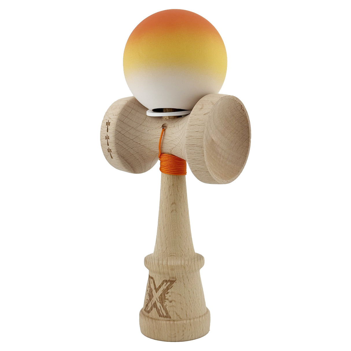 Kendama X Originala, Profesionala, Vivimall, Cupe Mari KING SIZE V3, Rubber Grip, Gaura in Baza, Rulment Metalic, din lemn 18 cm, Ata 55 cm, Gradient Portocaliu/Galben/Alb - vivimall.ro